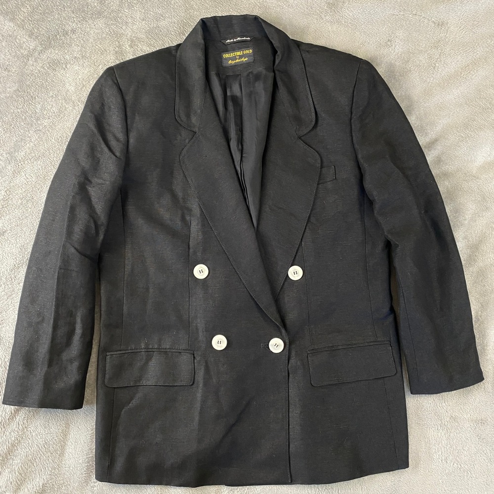 Giorgio Sant'Angelo Linen Blazer Women XL Black Double Breasted Vintage Textured